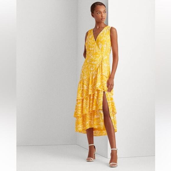 Ralph Lauren Lemon Yellow Tiered Wrap Midi Dress - Picture 1 of 6